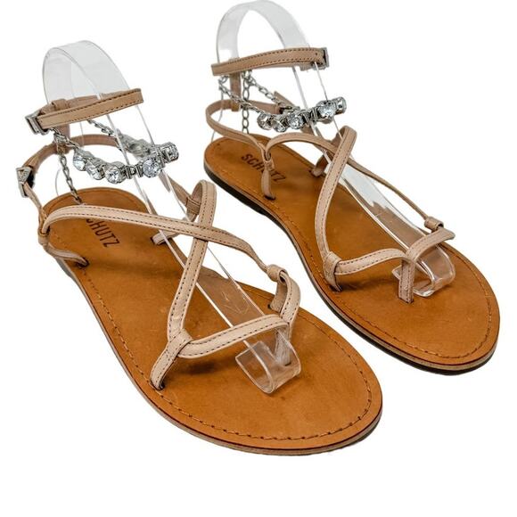 SCHUTZ Crystal Embellished Leather Strappy Thong Sandals size 7B Neutral Boho - Picture 1 of 12